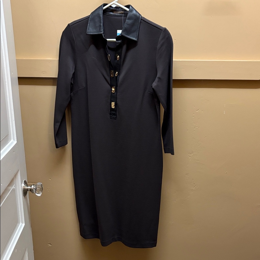 Elegant Black Dress with Leather Collar